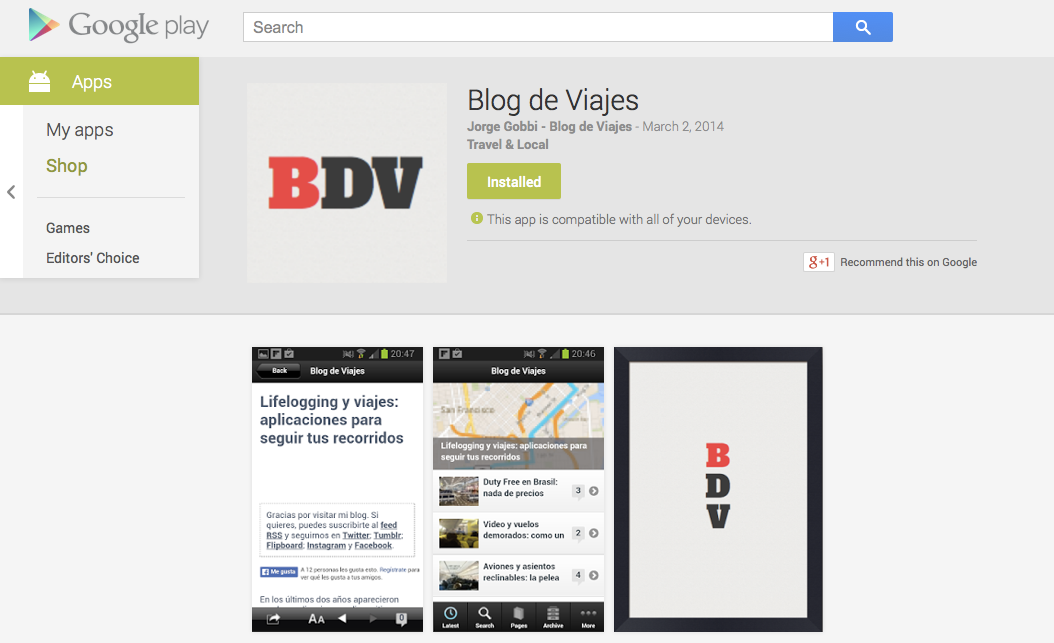 Blog de Viajes, disponible como aplicación en Google Play Store para Android (actualizado)